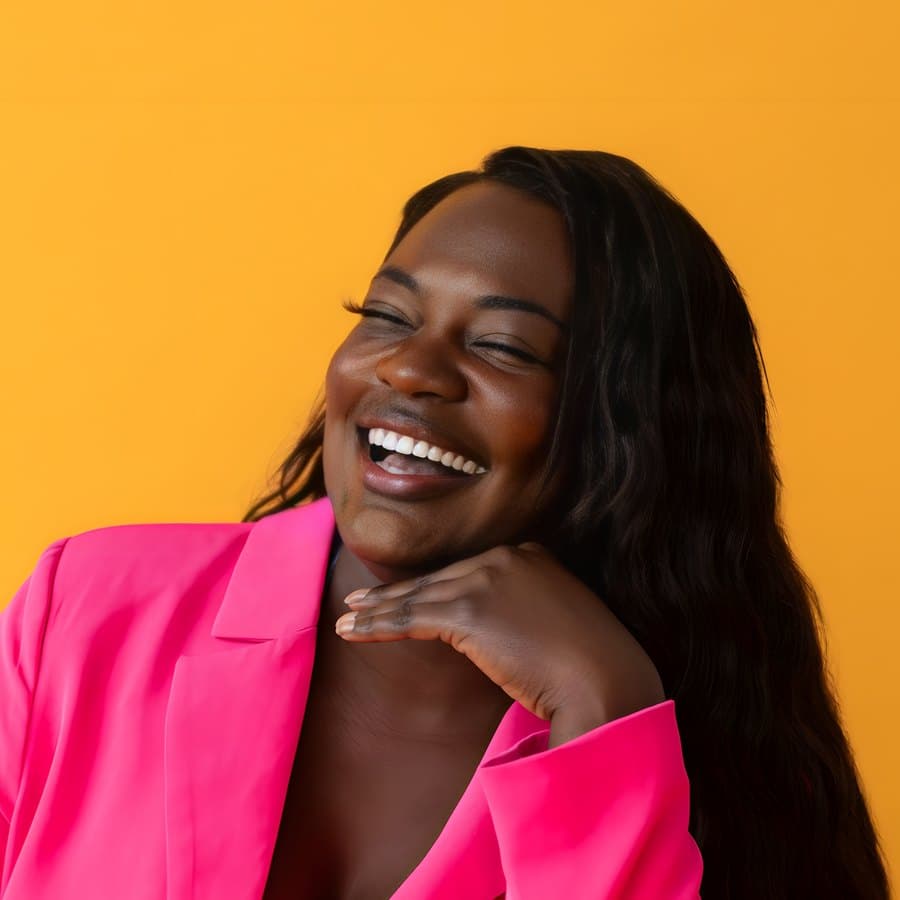 Dr. Raven Baxter laughing, chin on her hand, in a pink blazer on gold