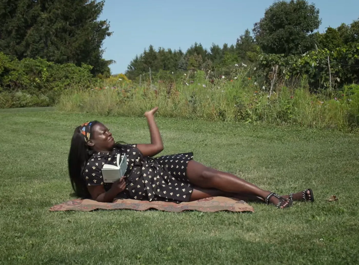 Dr. Raven Baxter lying on a blanket in a meadow with a book, from Nerdy Jobs Episode 2
