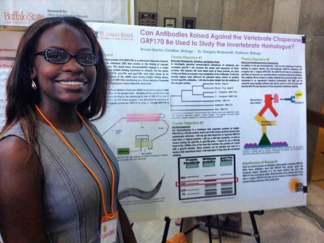 Dr. Raven Baxter beside her master's research poster on the chaperone GRP170 at Buffalo State