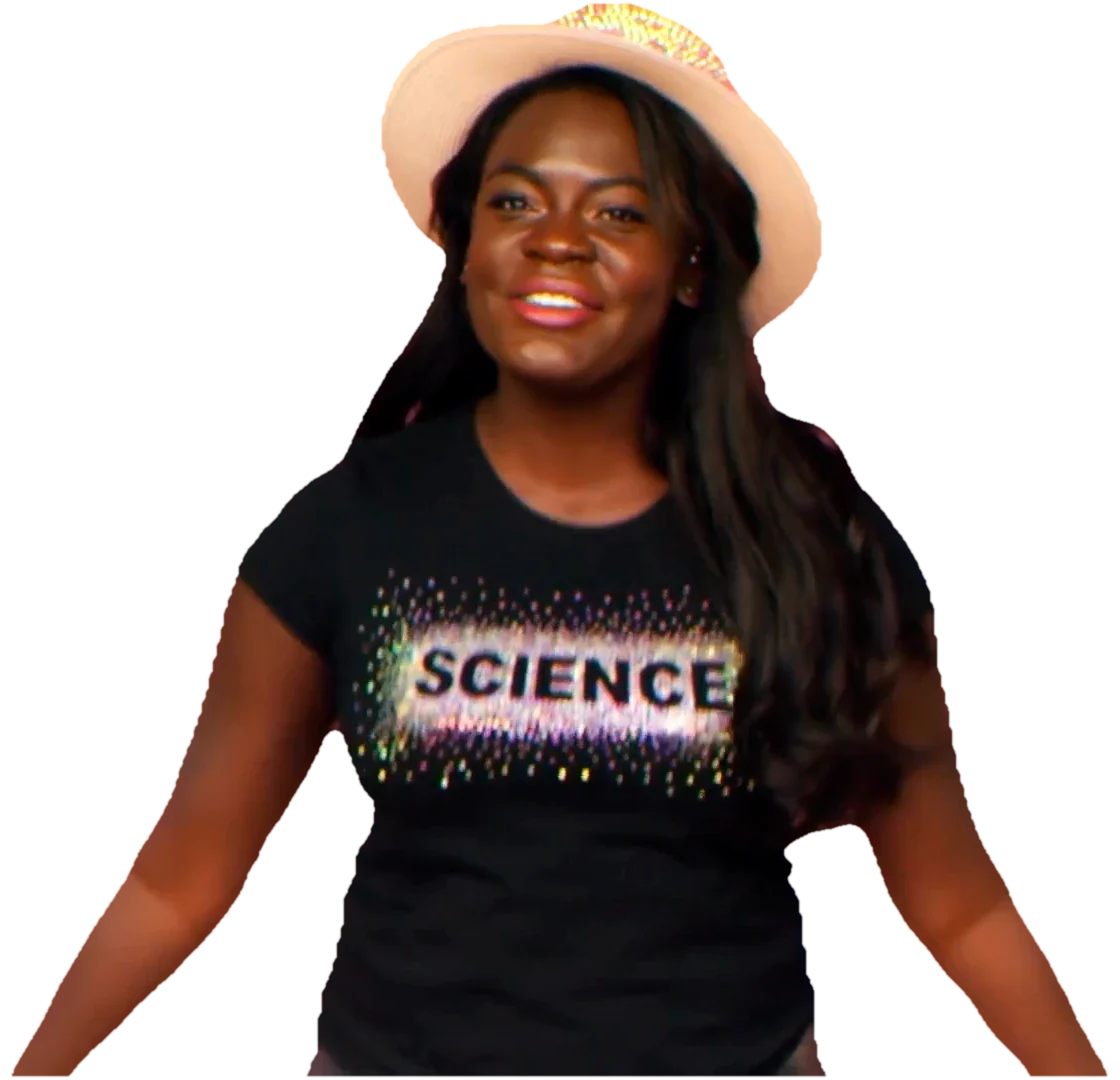 Dr. Raven Baxter smiling in a SCIENCE T-shirt and a sun hat, from the Ada Twist Brainstorm remix