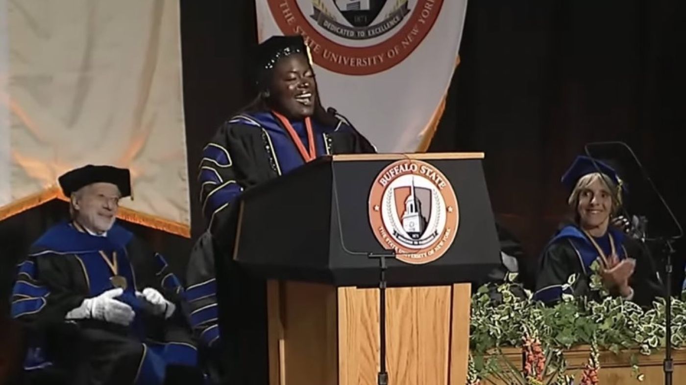 Dr. Raven Baxter delivering a commencement address at SUNY Buffalo State